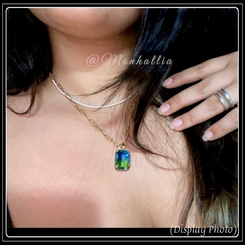 14k Gold Steel Emerald Cut Ombre Square Blue Topaz Tourmaline Paperclip Necklace - Picture 5 of 5